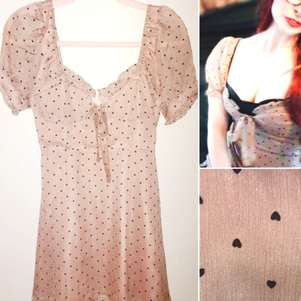 Heart print babydoll cottagecore tan dress, keyhole, tie & buttons at bust, sm.